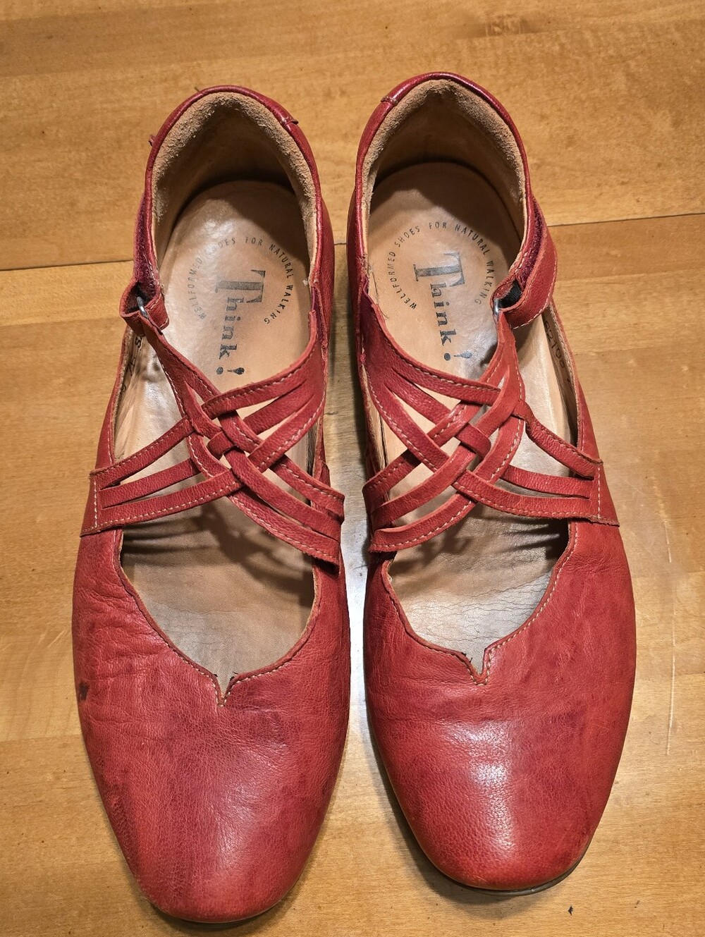 Think! Red Leather Strappy Mary Jane Flats